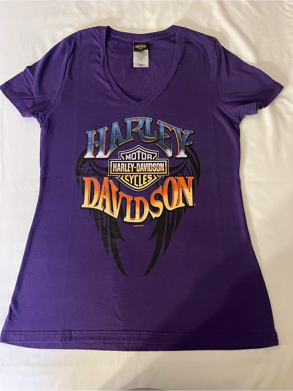 Harley-Davidson Purple V-Neck Tee with Orange Logo